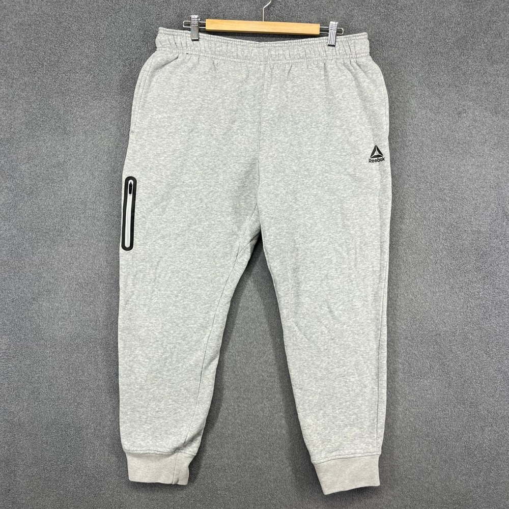 Reebok Men Gray Fleece‎ Jogger Sweatpants Athletic Logo Zipper Pocket Size L G